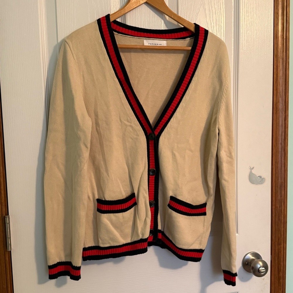 Popsugar 100% Cotton Cream Cardigan With Red/Navy Trim Large